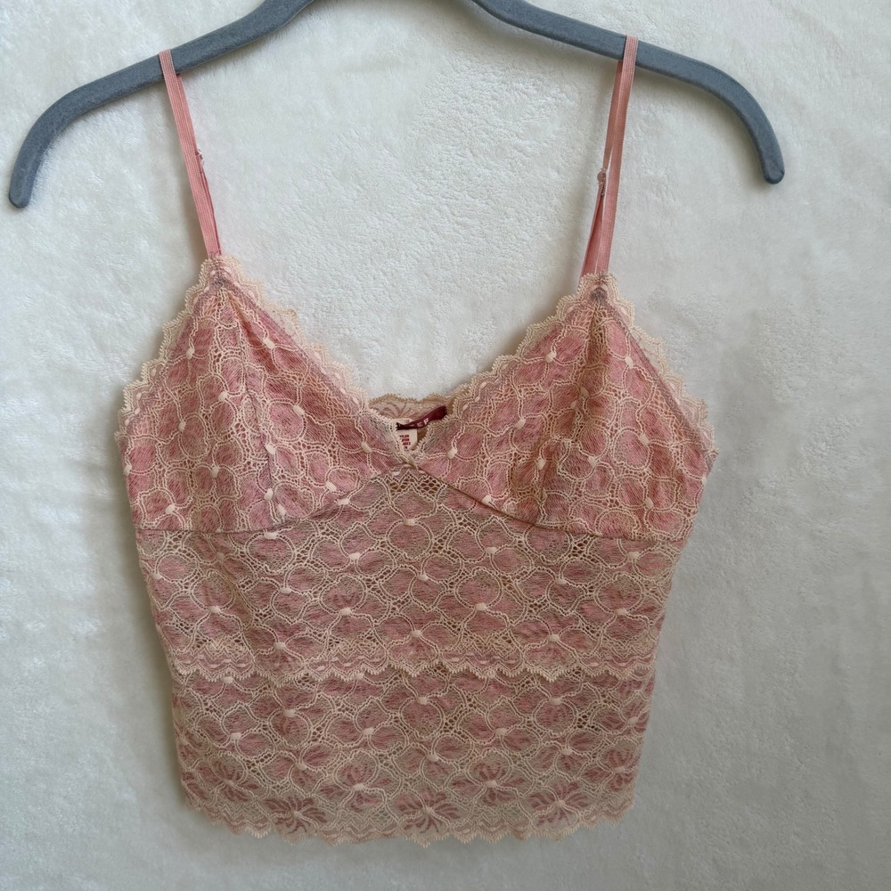 Hollister Sz S Blush Pink Floral Lace Crop Cami V-Neck Scalloped Spaghetti Top